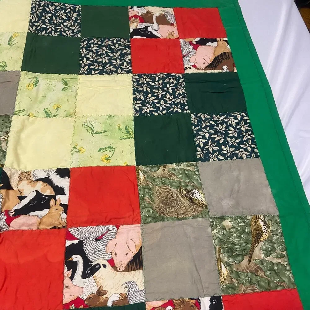 Baby Blanket Farm Animals Birds Green Border & Background Lap Blanket Handmade